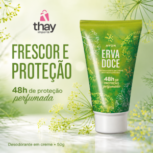 Desodorante em Creme Avon Erva Doce, 48 horas de proteção perfumada.